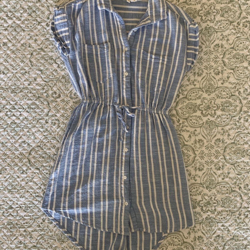 Blue and White High Low Dress with Notched Collar